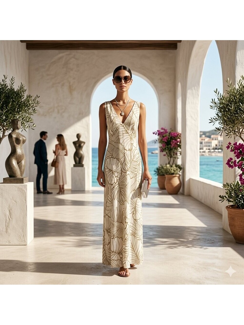 Magaschoni 100% Linen Tropical Palm Leaf Maxi Dress - Size 6